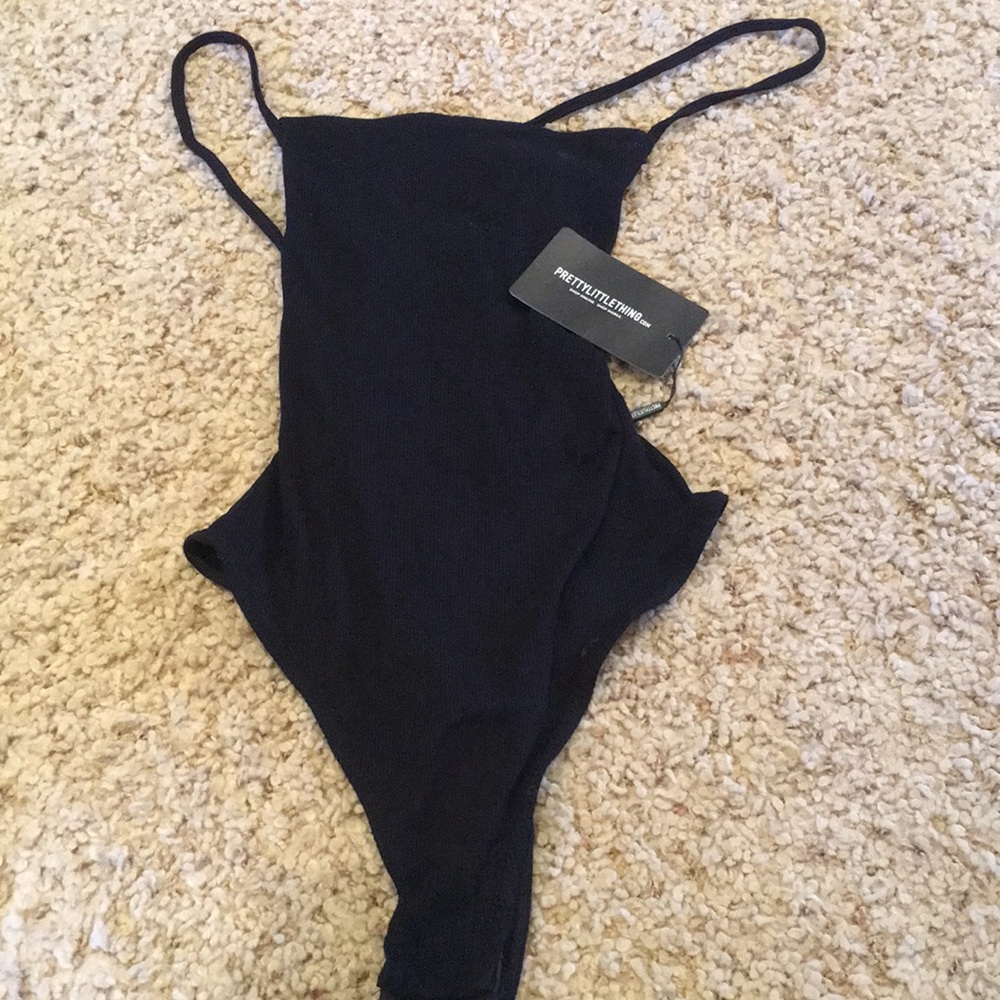 Black scrappy back thong bodysuit